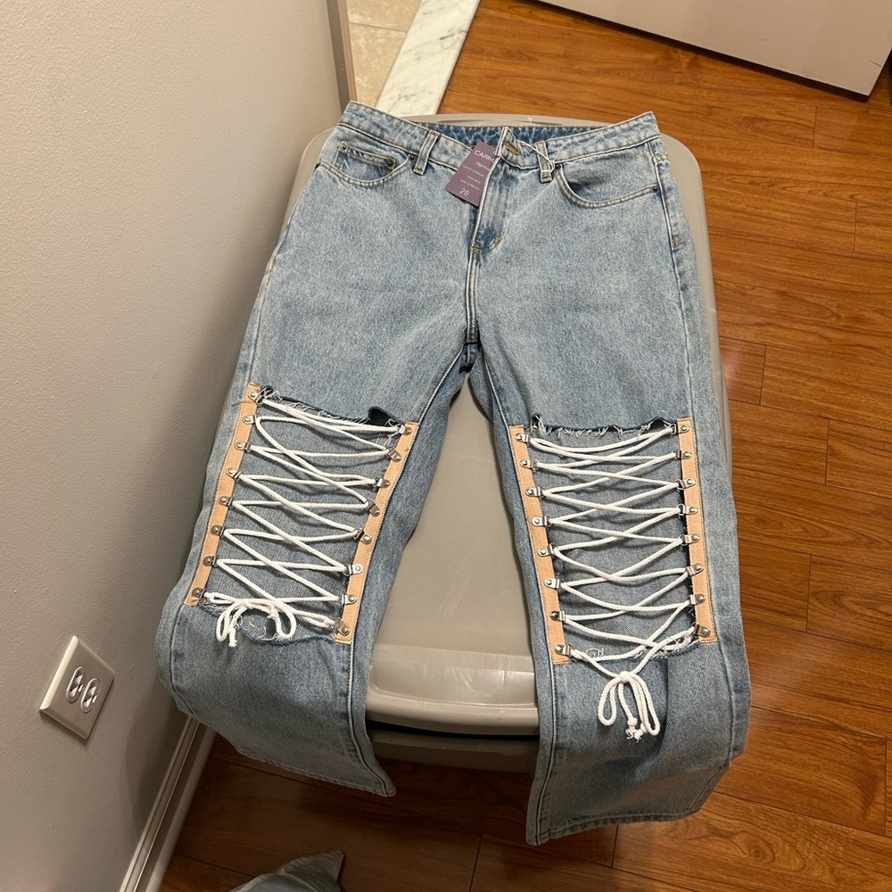 LF Blue Jeans with Distressed Lace-Up Knees